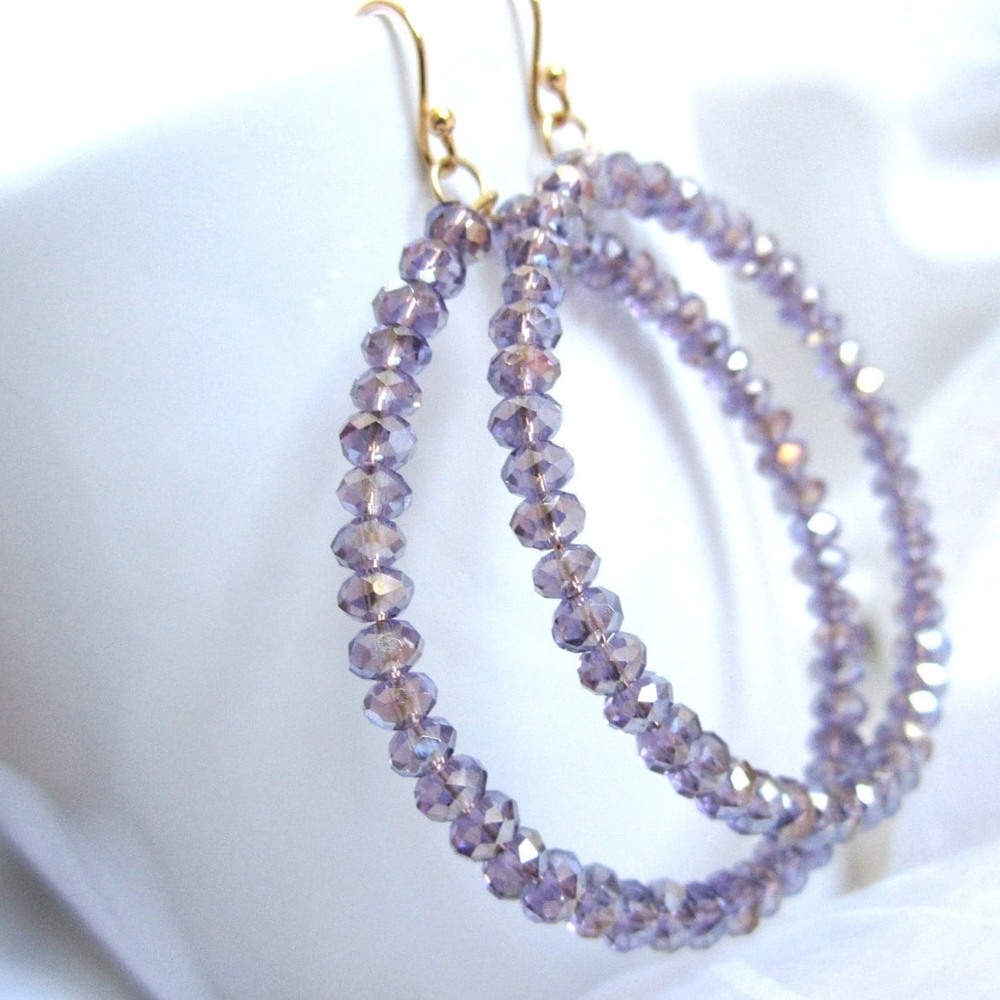 14k Gold Crystal Oval Purple Hoop Earrings Handmade